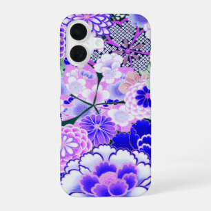Funda Para iPhone 16 FLOR DE PEONÍA ROSAS AZUL BLANCO Floral Japonesa