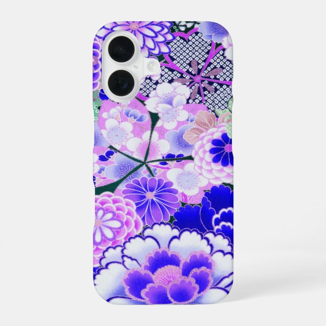 Funda Para iPhone 16 FLOR DE PEONÍA ROSAS AZUL BLANCO Floral Japonesa (Reverso )