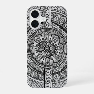 Funda Para iPhone 16 Flor florida de Mandala blanca y negra con estampa
