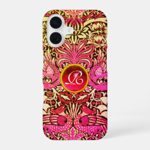 FUNDA PARA iPhone 16 FLOR, PAVOS Y DRAGÓN PIEDRA GEMA MONOGRAMA
