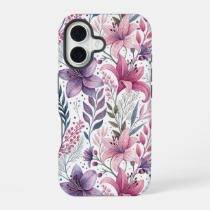 Funda Para iPhone 16 Floral Watercolor Lilies Pink purple