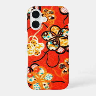 FUNDA PARA iPhone 16 FLORALES ESTILIZADOS, CINTAS NEGRAS BLANCAS ROJO B