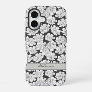Funda Para iPhone 16 Flores Blancas Rústicas Boceto Nombre Personalizad