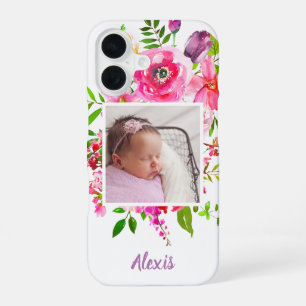 Funda Para iPhone 16 Flores Brillantes Monograma de Foto Personalizada