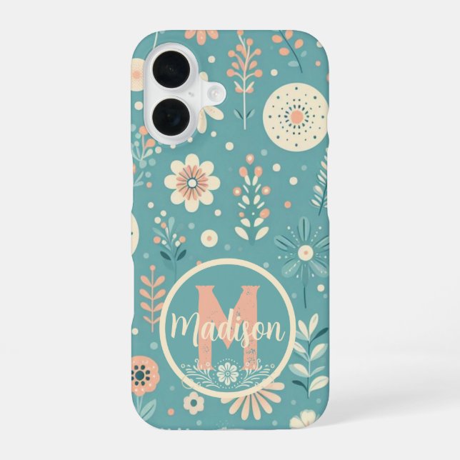 Funda Para iPhone 16 Flores caprichosas con monograma (Reverso )
