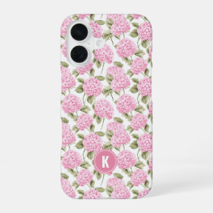 Funda Para iPhone 16 Flores de Hortensia Rosa Elegante con Monograma Pa
