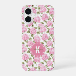 Funda Para iPhone 16 Flores de Hortensia Rosa Elegante Patrón Monograma