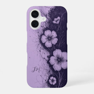 Funda Para iPhone 16 Flores de lavanda púrpura dual con monograma y nom