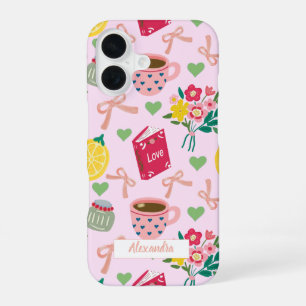 Funda Para iPhone 16 Flores de lazo rosa dibujadas a mano patrón de lim