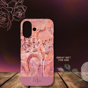Funda Para iPhone 16 Flores de mármol rosa salmón bastante femeninas