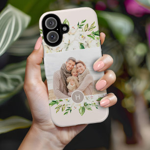 Funda Para iPhone 16 Flores Doradas Rosadas Foto Monogramada