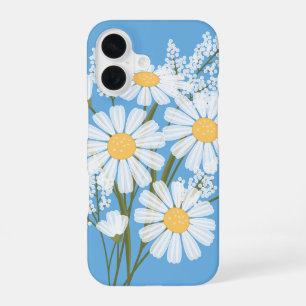 Funda Para iPhone 16 Flores elegantes blancas margaritas en azul