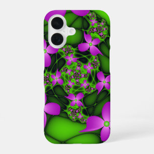 Funda Para iPhone 16 Flores fractales abstractas modernas neón rosa ver