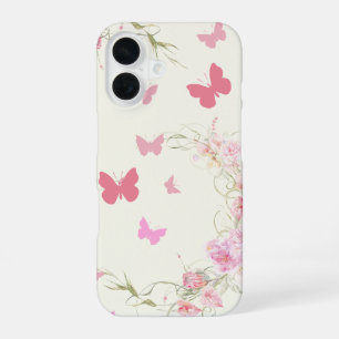 Funda Para iPhone 16 Flores rosadas, mariposas, fondo rosa pálido