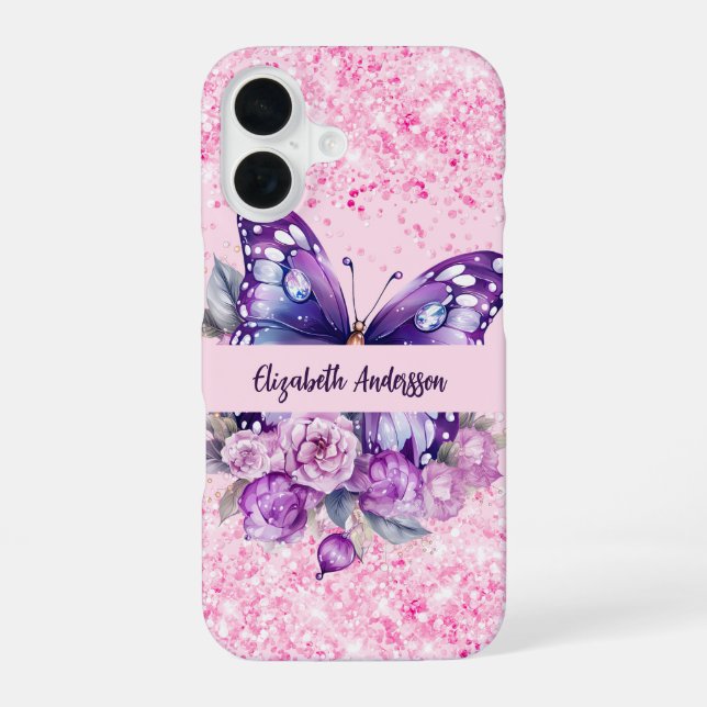 Funda Para iPhone 16 Flores rosadas moradas de mariposa (Reverso )