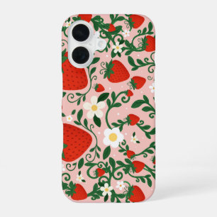 Funda Para iPhone 16 Flores rosadas y rojas Vides de fresa Lindas