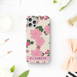 Funda Para iPhone 16 Flores rosas, patrón de flores, tu nombre