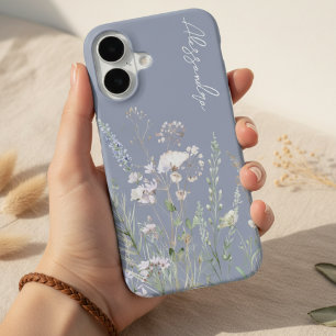 Funda Para iPhone 16 Flores silvestres acuarela azul polvoriento boho