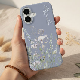 Funda Para iPhone 16 Flores silvestres acuarela boho azul polvoriento