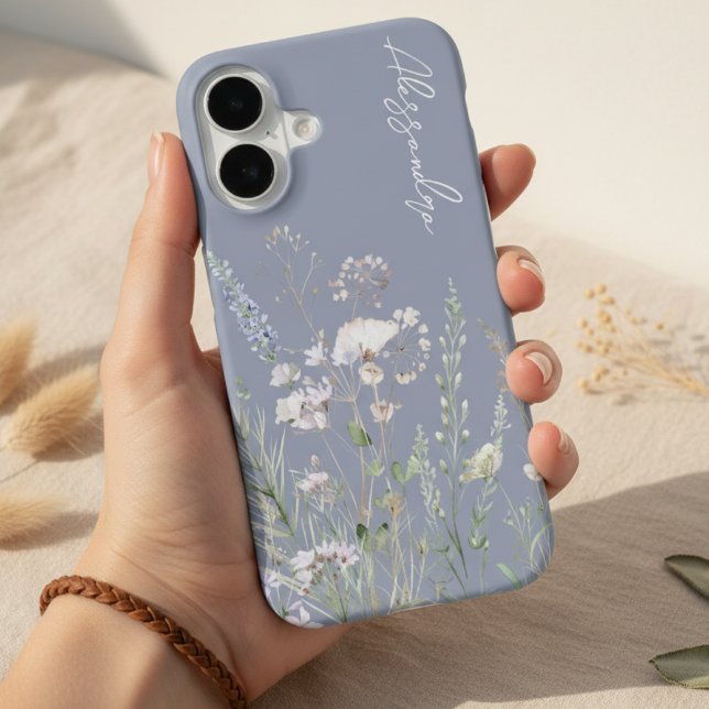 Funda Para iPhone 16 Flores silvestres acuarela boho azul polvoriento (Subido por el creador)