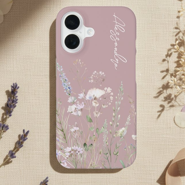 Funda Para iPhone 16 Flores silvestres acuarelas boho rosa rubor (Subido por el creador)