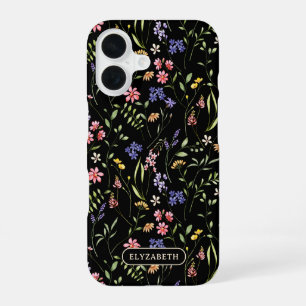Funda Para iPhone 16 Flores silvestres Nombre personalizado Negro