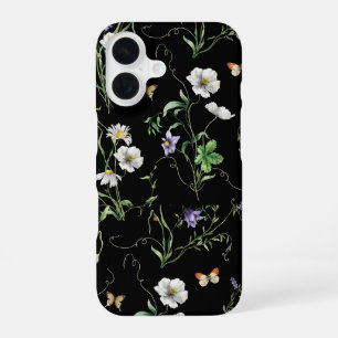 Funda Para iPhone 16 Flores silvestres y mariposas en negro