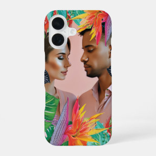 Funda Para iPhone 16 Flores Tropicales Neón Rosa Caliente Plumas de Jun