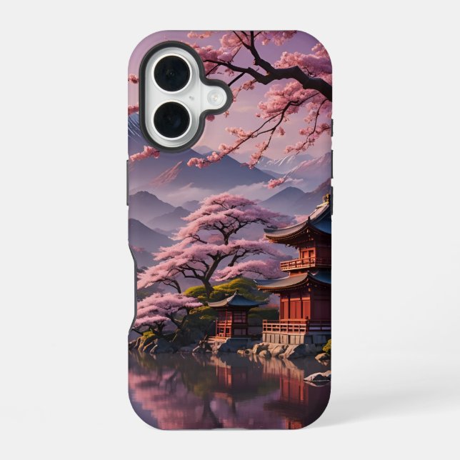 Funda Para iPhone 16 Fondo de Flores de Cerezo y Pagoda para iPhone 16 (Reverso )