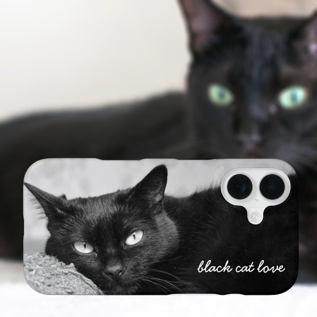 Funda Para iPhone 16 Foto personalizada de Mascota de gato negro (Add your name and cat photo (or any other pet - we love them all))