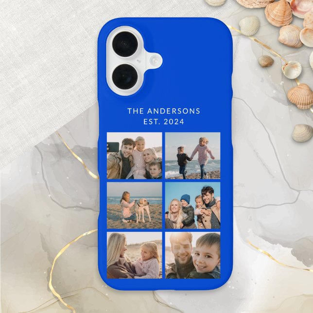 Funda Para iPhone 16 Fotografía Familiar Collage Multifoto Azul Brillan (A bright blue phone case with custom photo collage, personalized with name and established date)