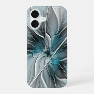 Funda Para iPhone 16 Fractal floral moderno abstracto flor azul gris