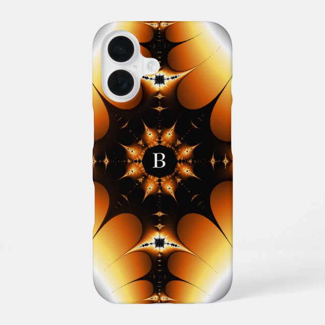 Funda Para iPhone 16 Fractal simétrico negro y naranja con monograma (Reverso )
