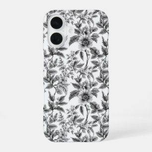 Funda Para iPhone 16 Frenos de patrón floral blanco y negro vintage