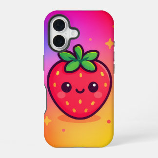 Funda Para iPhone 16 Fresa sonriente Kawaii sobre el fondo degradado pa