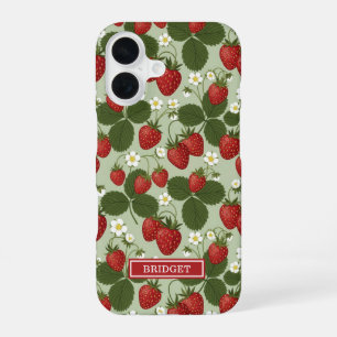 Funda Para iPhone 16 Fresas Sobre Monograma Verde