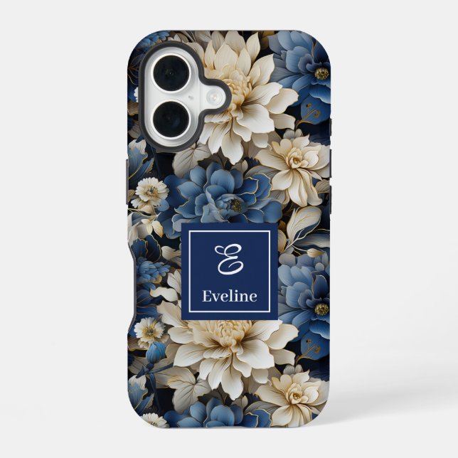 Funda Para iPhone 16 Fundas para Teléfono con Flores de Moda Azules y M (Reverso )