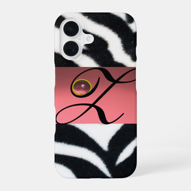 FUNDA PARA iPhone 16 FUR DE CEBRA NEGRO BLANCO MONOGRAMA DE GEM PINK, (Reverso )