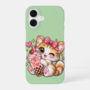 Funda Para iPhone 16 Gato Calico Kawaii Té Boba Guiñando Fresa Menta