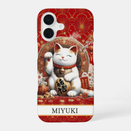 Funda Para iPhone 16 Gato de la Suerte con Monograma de Monedas de Oro