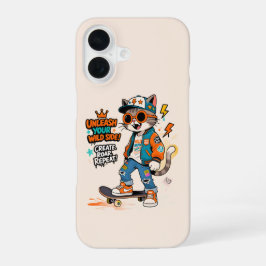 Funda Para iPhone 16 Gato de monopatín lindo Graffiti moda urbana Carto