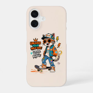 Funda Para iPhone 16 Gato de monopatín lindo Graffiti moda urbana Carto
