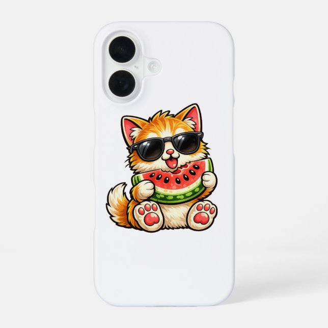 Funda Para iPhone 16 Gato de sandía genial (Reverso )