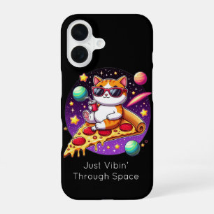 Funda Para iPhone 16 Gato genial en pizza en el espacio 
