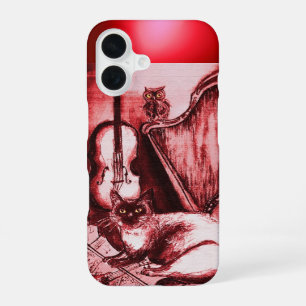 FUNDA PARA iPhone 16 GATO MUSICAL CON OWL EN GEM DE RUBY ROJO
