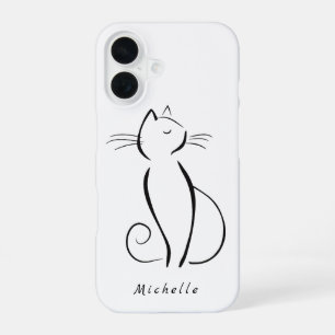 Funda Para iPhone 16 Gato negro minimalista en blanco Añadir nombre