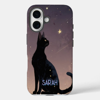 Funda Para iPhone 16 Gato Negro Noche Estrellada Arte Felino Celestial