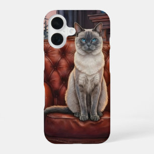 Funda Para iPhone 16 gato siamés de punta azul en sillón de cuero
