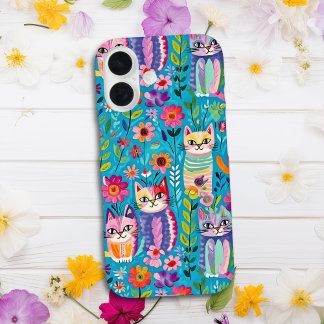 Funda Para iPhone 16 Gatos y flores coloridos caprichosos felices