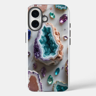 Funda Para iPhone 16 Geoda Teal Océano con Gemas de Amatista – Mármol d